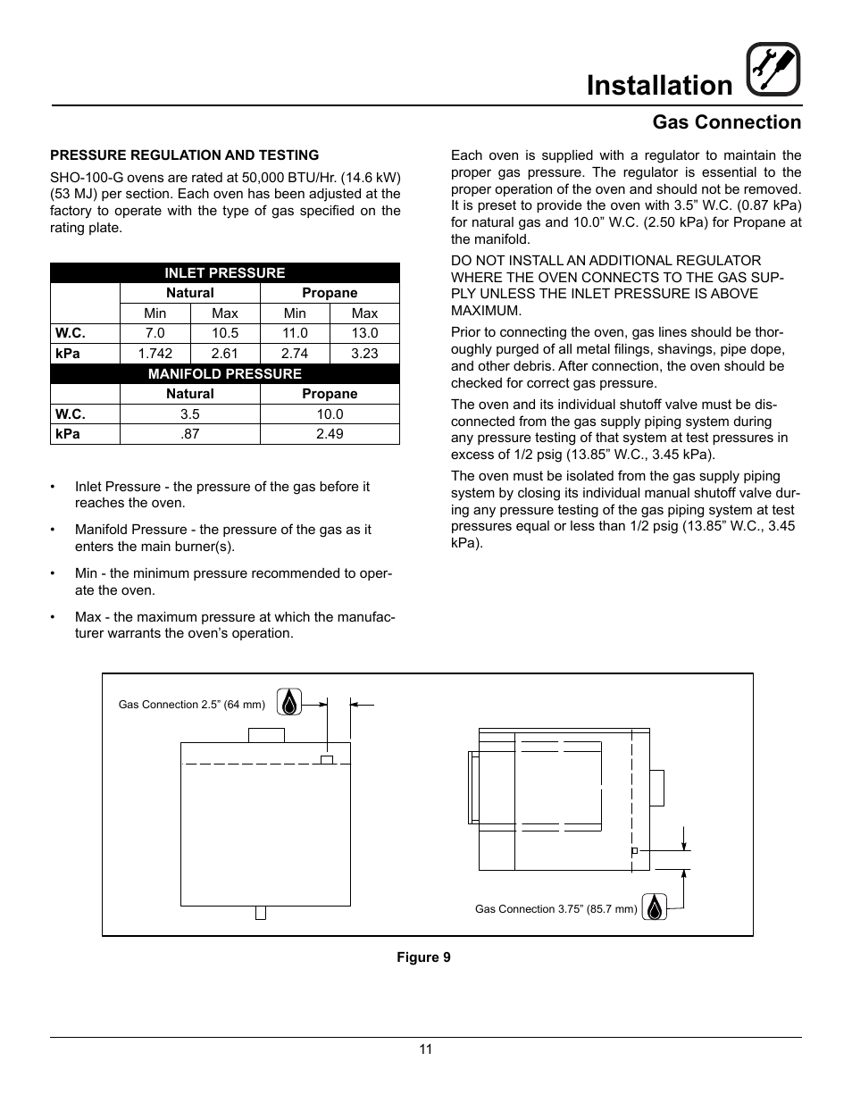 Installation, Gas connection | Blodgett SHO-100-G User Manual | Page 13 / 22