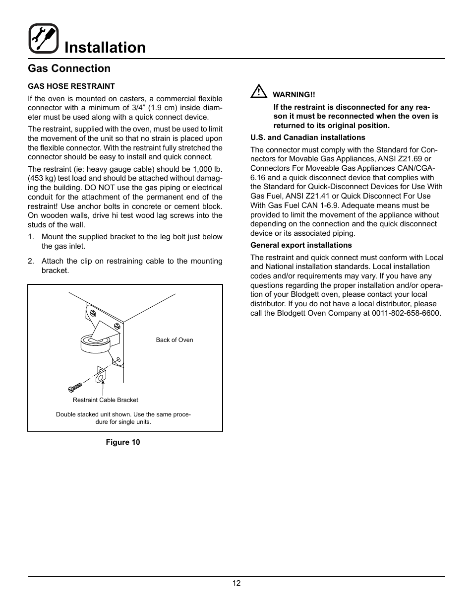 Installation, Gas connection | Blodgett SHO-100-G User Manual | Page 14 / 22