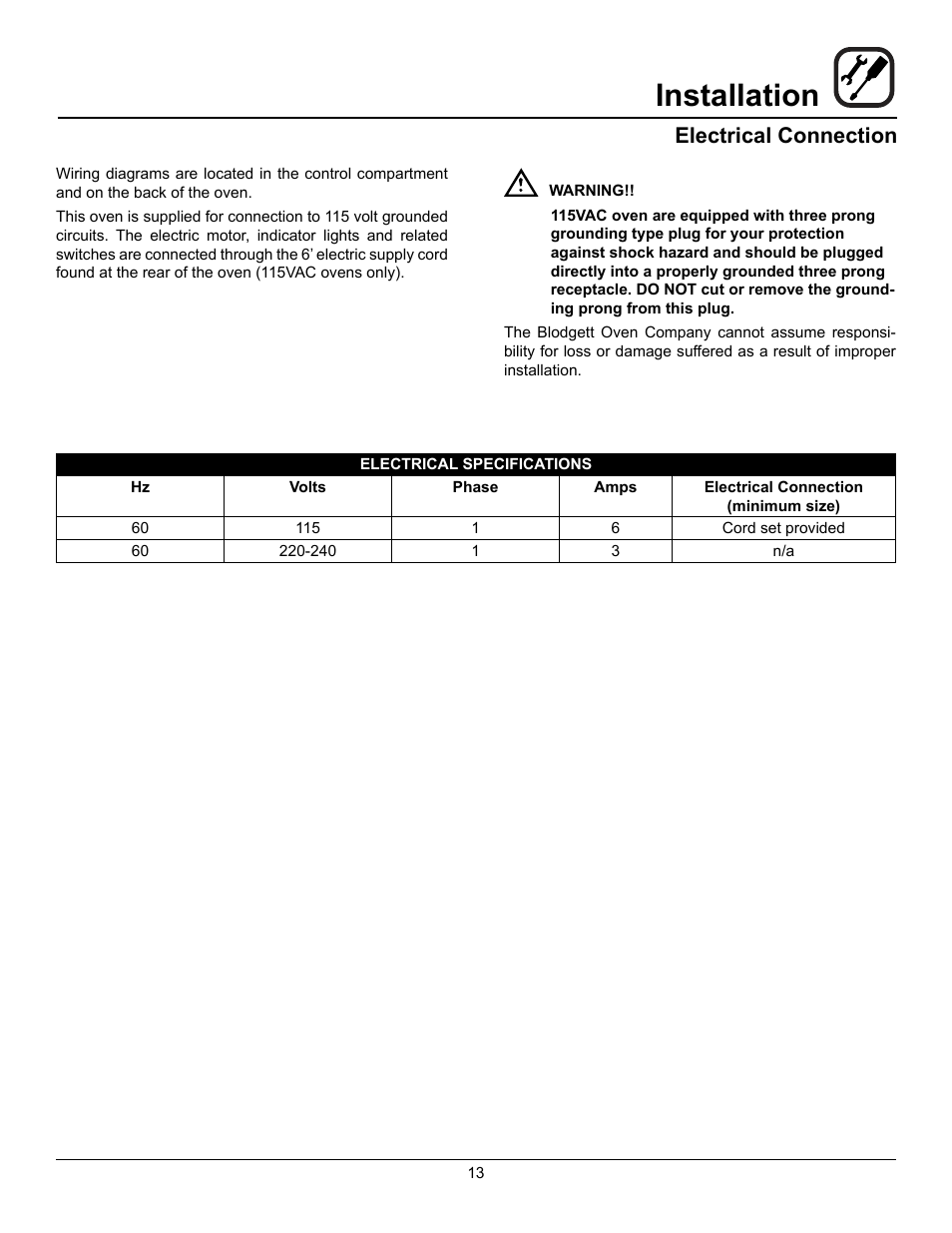 Installation, Electrical connection | Blodgett SHO-100-G User Manual | Page 15 / 22