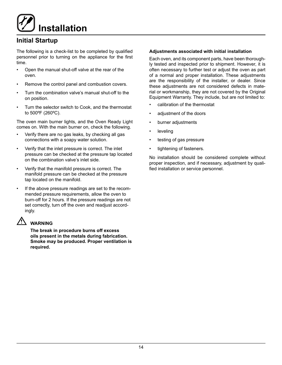 Installation, Initial startup | Blodgett SHO-100-G User Manual | Page 16 / 22
