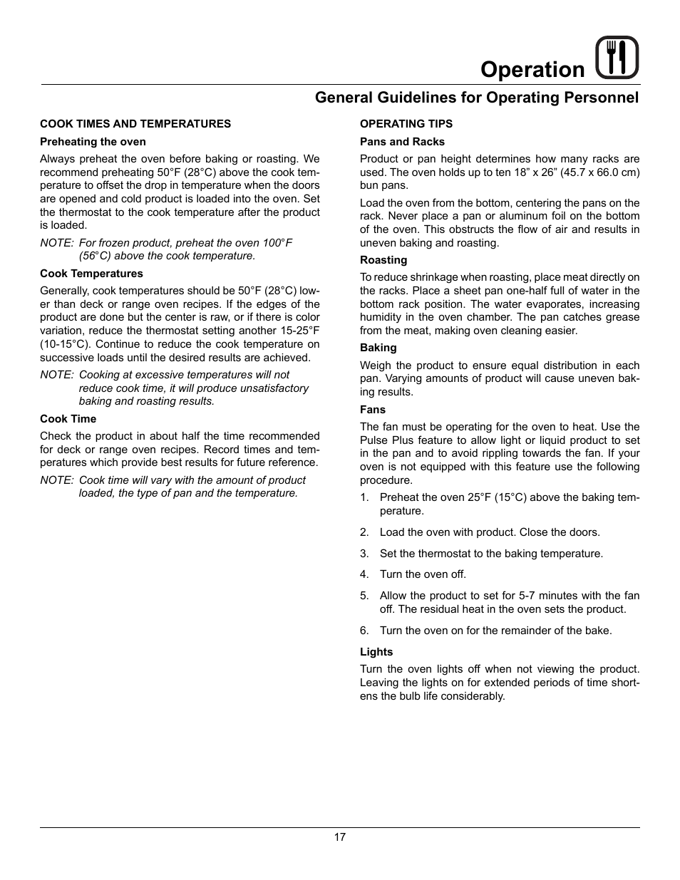 Operation, General guidelines for operating personnel | Blodgett SHO-100-G User Manual | Page 19 / 22