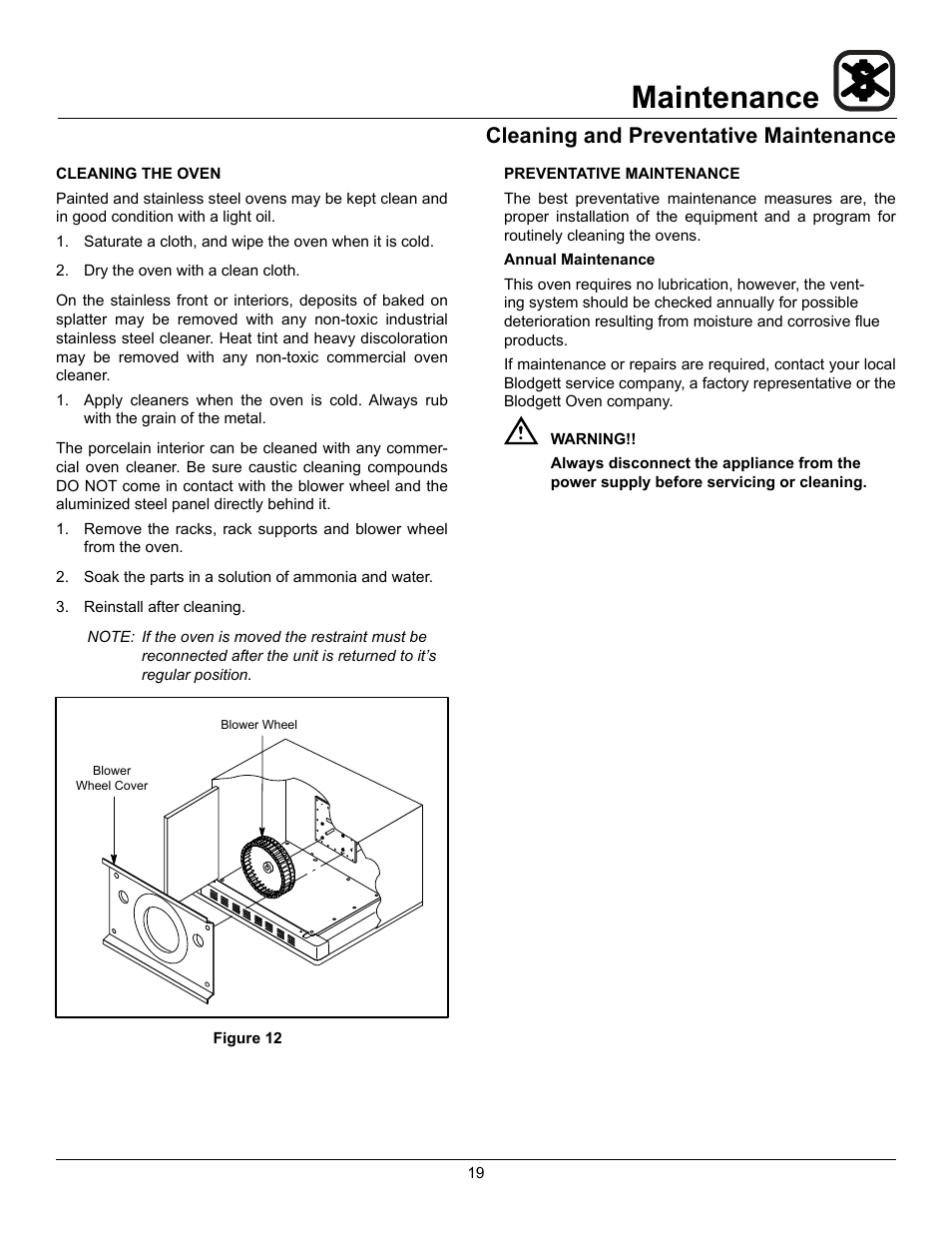 Maintenance, Cleaning and preventative maintenance | Blodgett SHO-100-G User Manual | Page 21 / 22