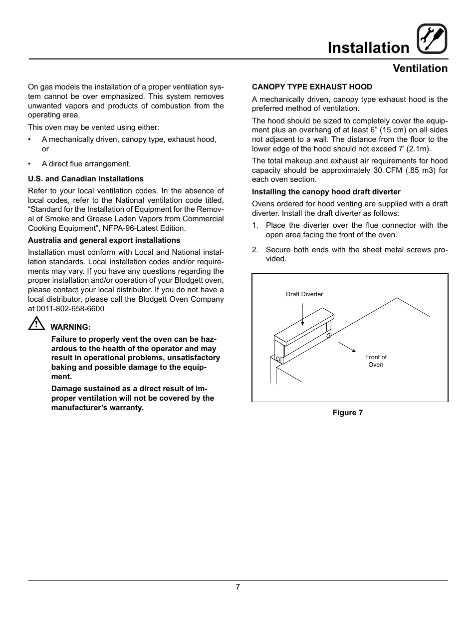 Installation, Ventilation | Blodgett SHO-100-G User Manual | Page 9 / 22