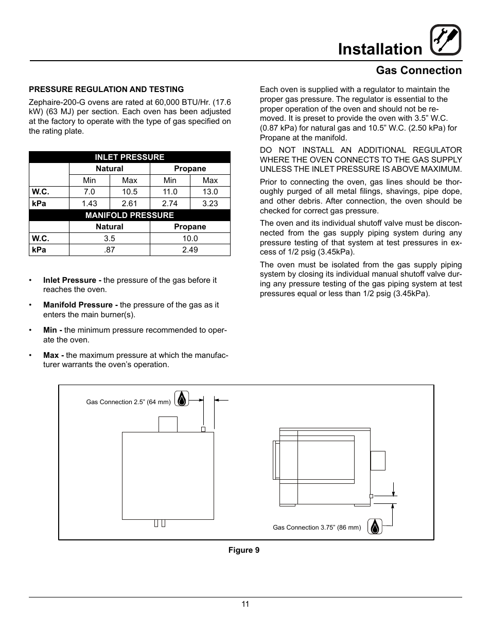 Installation, Gas connection | Blodgett ZEPHAIRE-200-G User Manual | Page 13 / 24