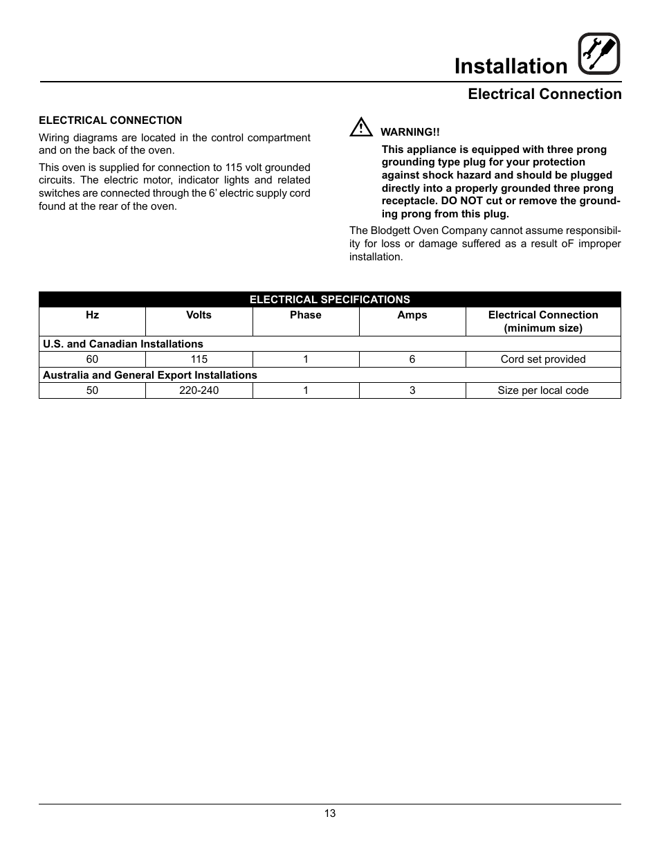 Installation, Electrical connection | Blodgett ZEPHAIRE-200-G User Manual | Page 15 / 24