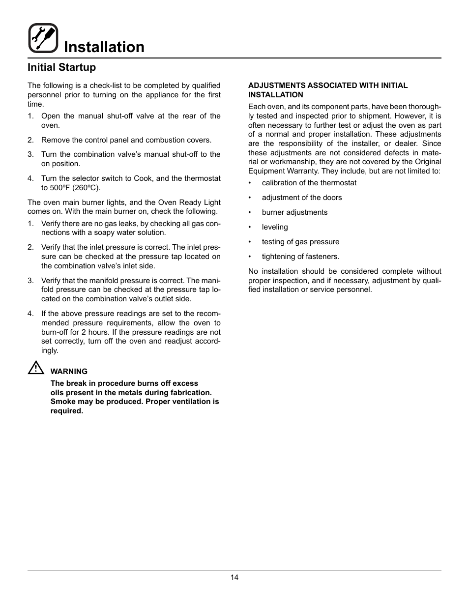 Installation, Initial startup | Blodgett ZEPHAIRE-200-G User Manual | Page 16 / 24