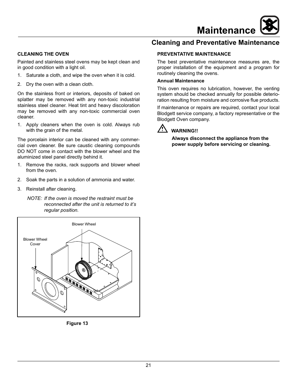 Maintenance, Cleaning and preventative maintenance | Blodgett ZEPHAIRE-200-G User Manual | Page 23 / 24