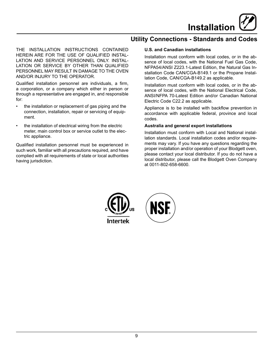 Installation, Utility connections - standards and codes | Blodgett ZEPHAIRE-100-G User Manual | Page 11 / 24