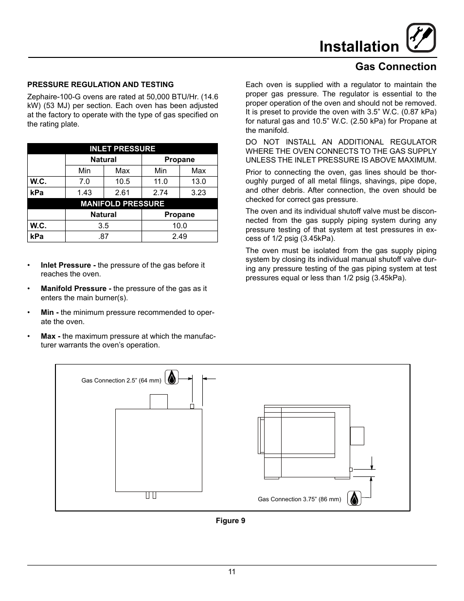 Installation, Gas connection | Blodgett ZEPHAIRE-100-G User Manual | Page 13 / 24