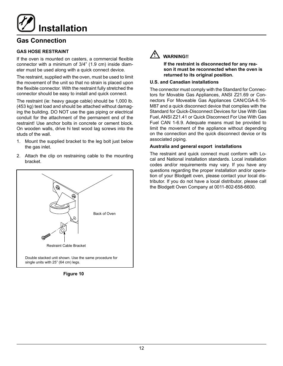 Installation, Gas connection | Blodgett ZEPHAIRE-100-G User Manual | Page 14 / 24