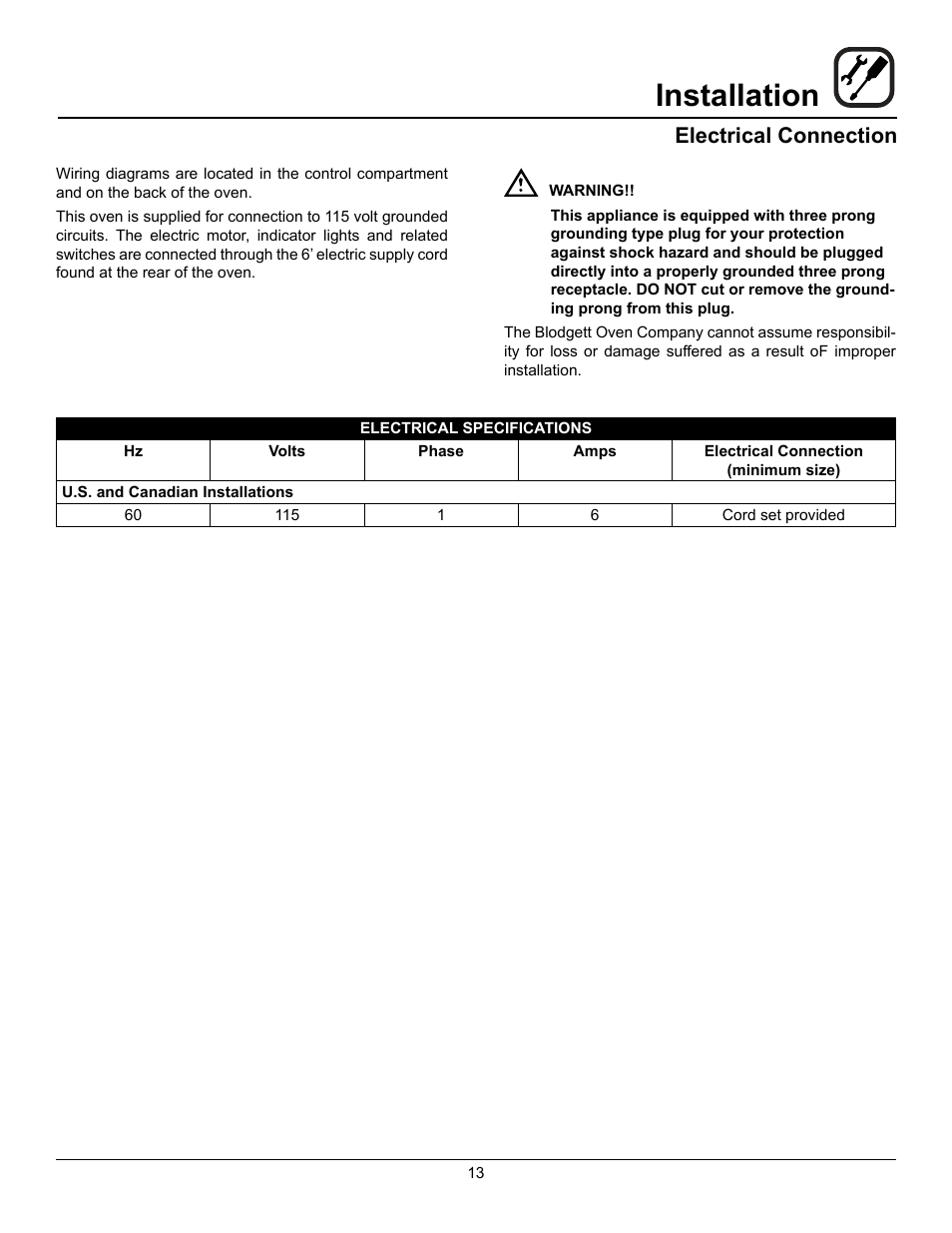 Installation, Electrical connection | Blodgett ZEPHAIRE-100-G User Manual | Page 15 / 24
