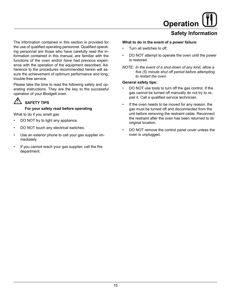Operation, Safety information | Blodgett ZEPHAIRE-100-G User Manual | Page 17 / 24