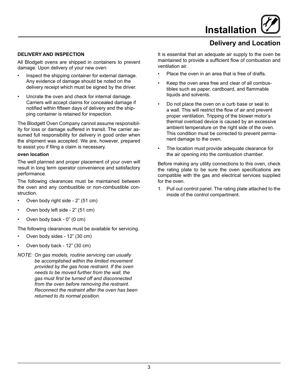 Installation, Delivery and location | Blodgett ZEPHAIRE-100-G User Manual | Page 5 / 24