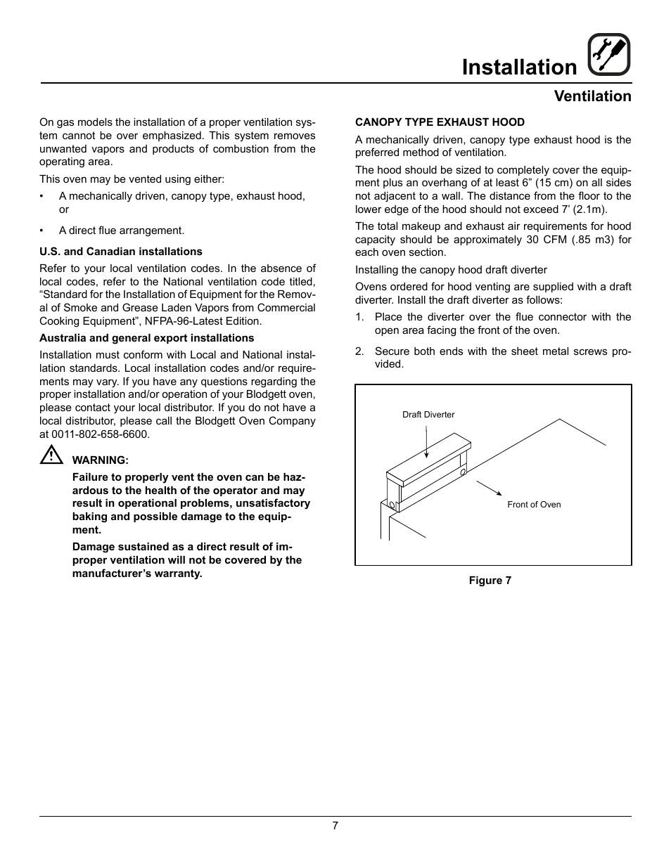 Installation, Ventilation | Blodgett ZEPHAIRE-100-G User Manual | Page 9 / 24