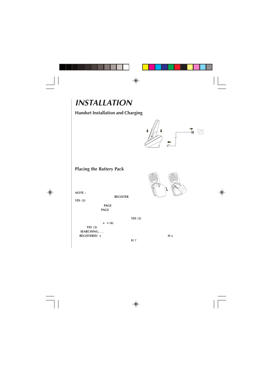 Installation, Handset installation and charging, Placing the battery pack | Audiovox 4GHz User Manual | Page 8 / 14