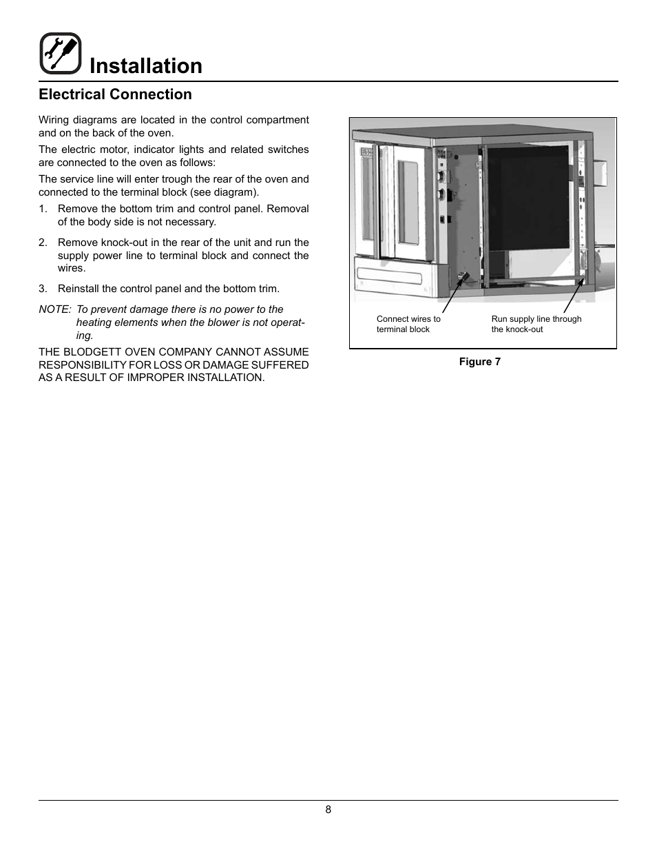 Installation, Electrical connection | Blodgett Mark V-100 User Manual | Page 10 / 34