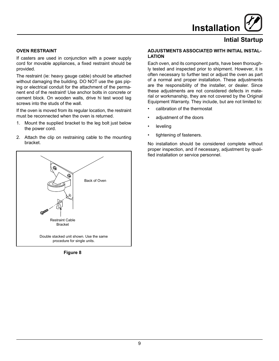 Installation, Intial startup | Blodgett Mark V-100 User Manual | Page 11 / 34