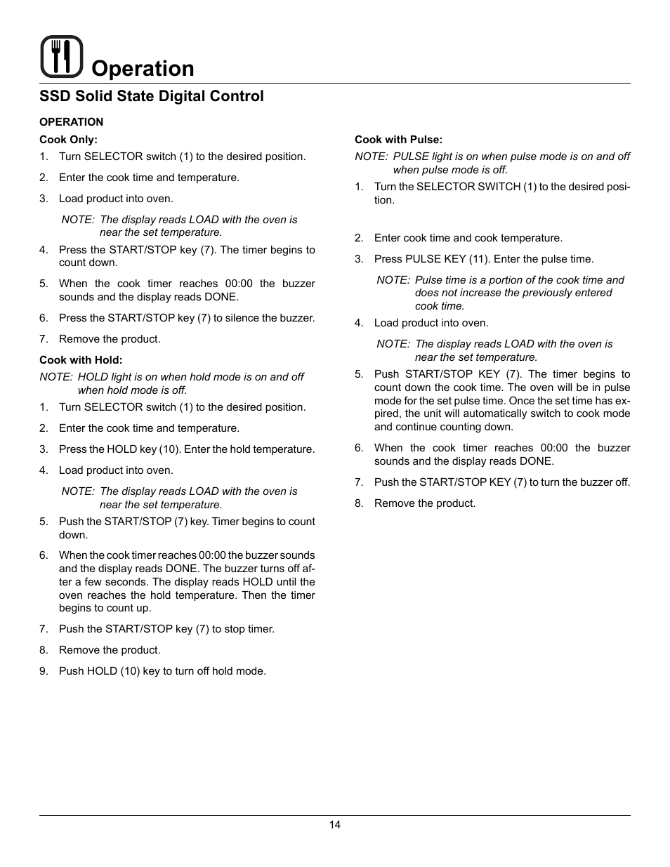 Operation, Ssd solid state digital control | Blodgett Mark V-100 User Manual | Page 16 / 34