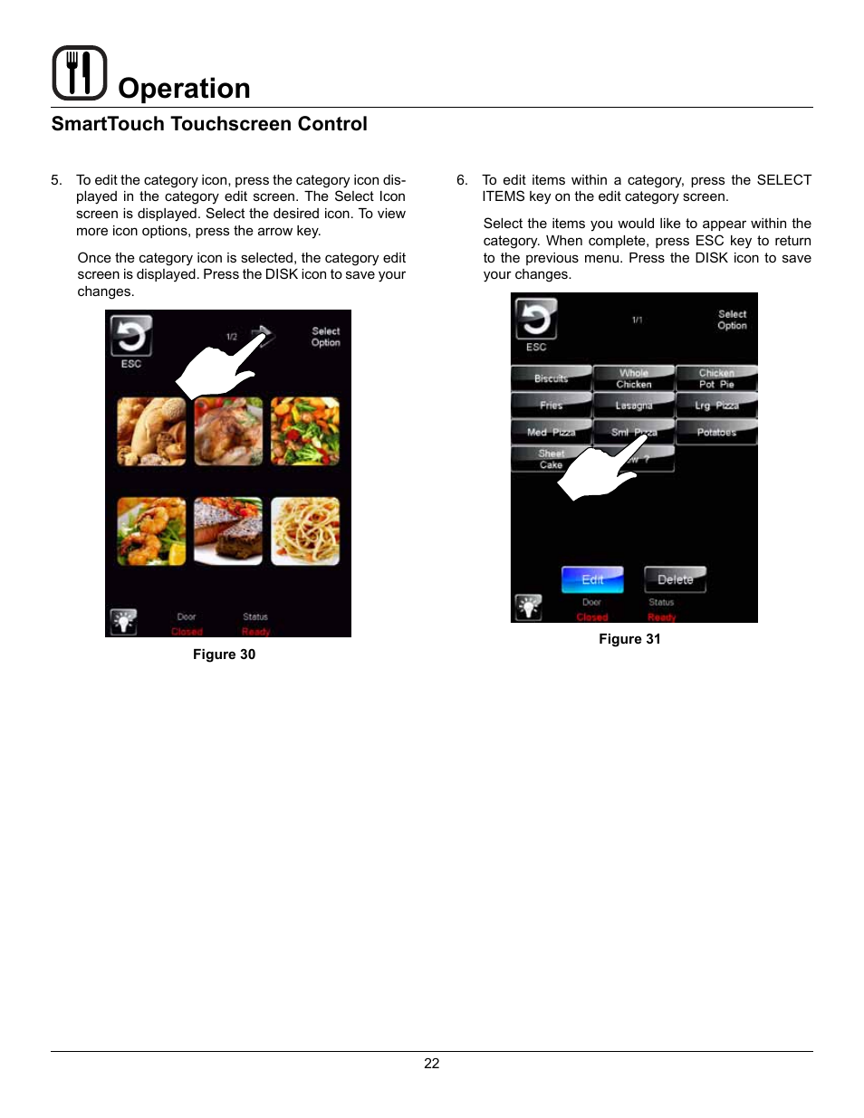 Operation, Smarttouch touchscreen control | Blodgett Mark V-100 User Manual | Page 24 / 34