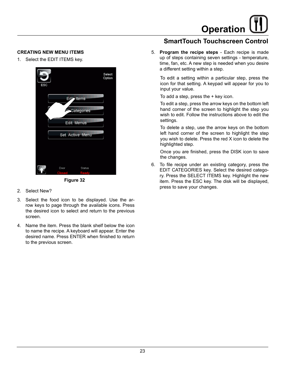 Operation, Smarttouch touchscreen control | Blodgett Mark V-100 User Manual | Page 25 / 34