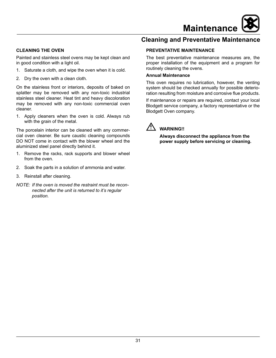 Maintenance, Cleaning and preventative maintenance | Blodgett Mark V-100 User Manual | Page 33 / 34