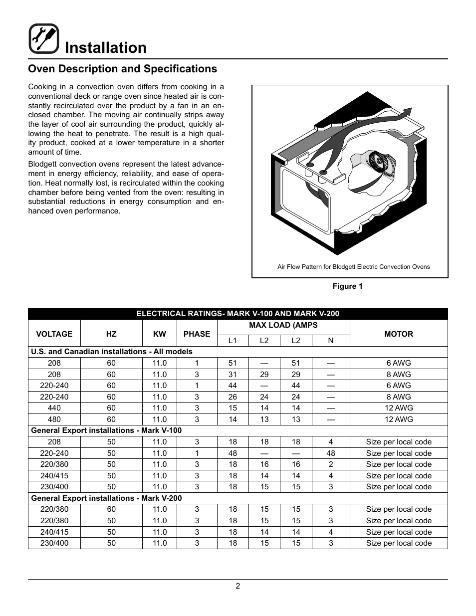 Installation, Oven description and specifications | Blodgett Mark V-100 User Manual | Page 4 / 34