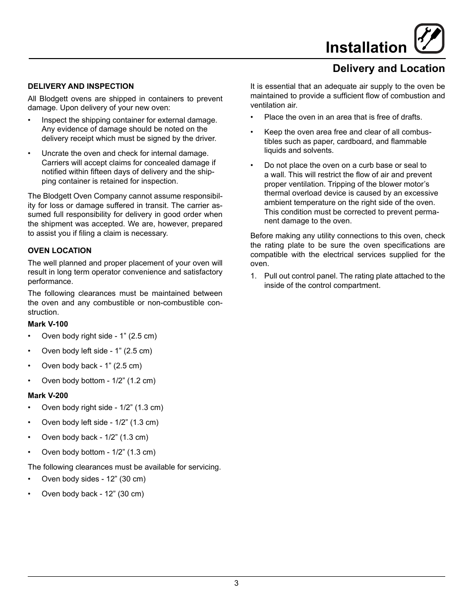 Installation, Delivery and location | Blodgett Mark V-100 User Manual | Page 5 / 34