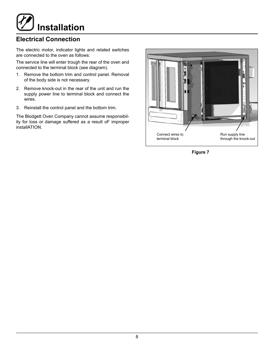 Installation, Electrical connection | Blodgett SHO-100-E User Manual | Page 10 / 15