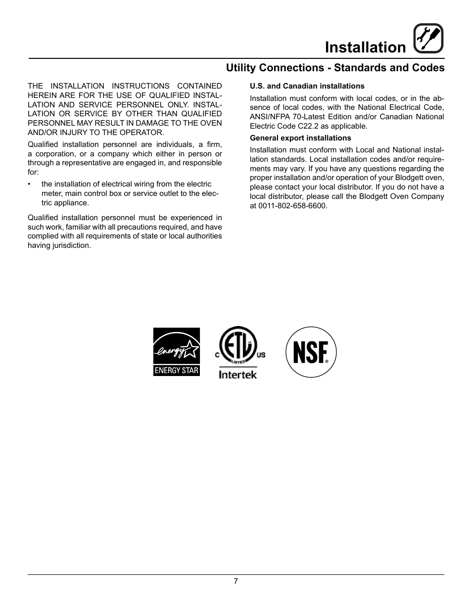 Installation, Utility connections - standards and codes | Blodgett SHO-100-E User Manual | Page 9 / 15