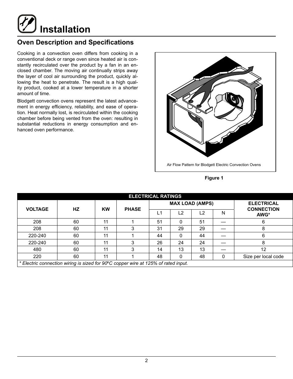 Installation, Oven description and specifications | Blodgett ZEPHAIRE-100-E User Manual | Page 4 / 17