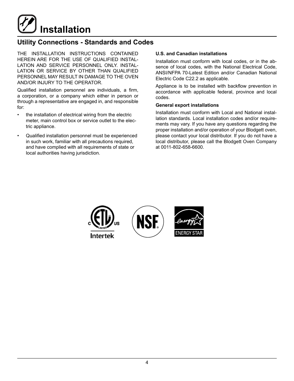 Installation, Utility connections - standards and codes | Blodgett ZEPHAIRE-100-E User Manual | Page 6 / 17