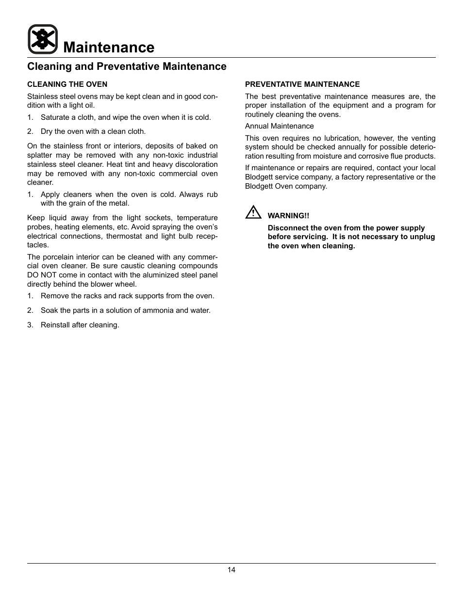 Maintenance, Cleaning and preventative maintenance | Blodgett ZEPHAIRE-200-E User Manual | Page 16 / 17