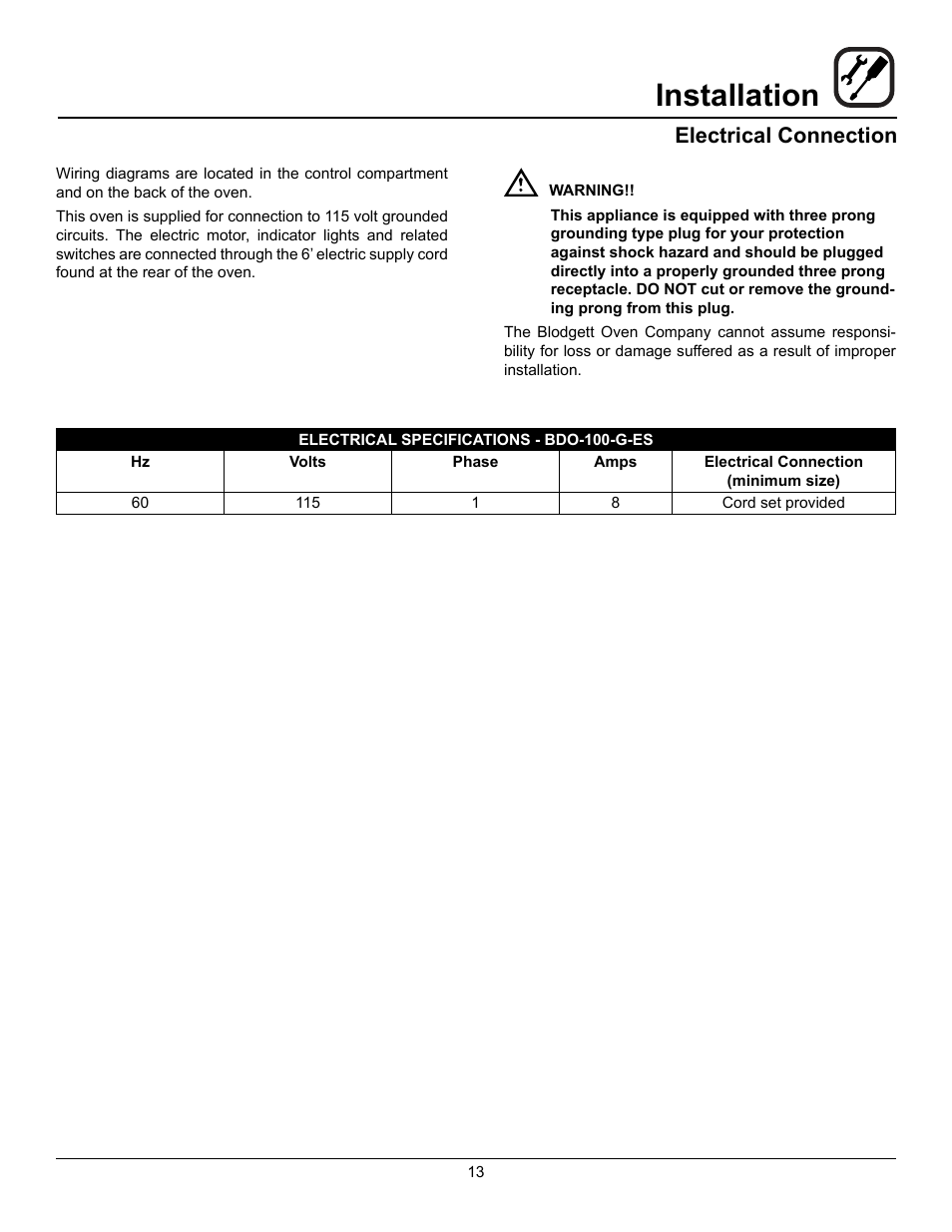 Installation, Electrical connection | Blodgett BDO-100-G-ES User Manual | Page 15 / 22