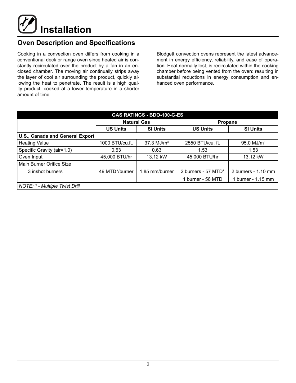 Installation, Oven description and specifications | Blodgett BDO-100-G-ES User Manual | Page 4 / 22