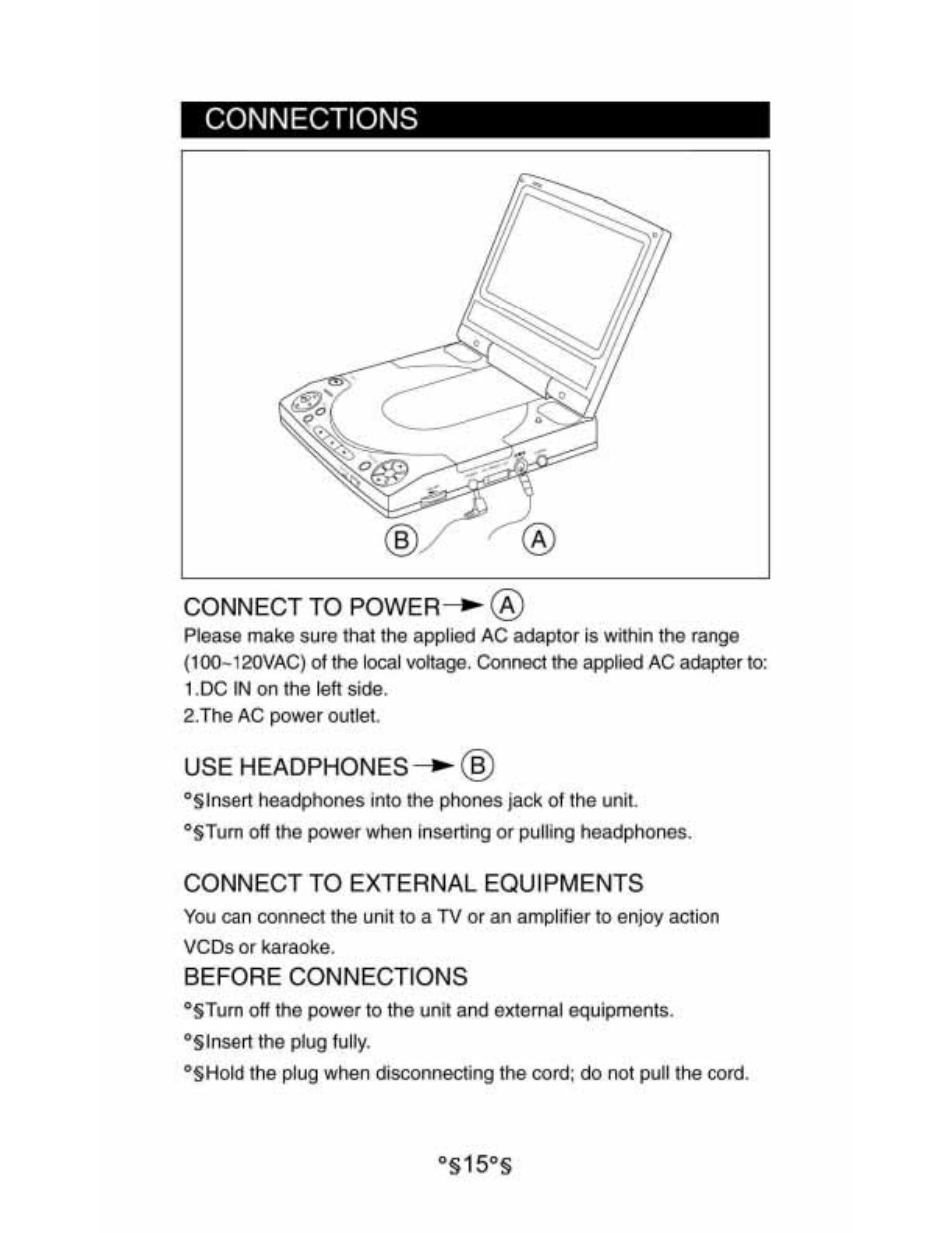 Before connections, Connections | Audiovox D1530 User Manual | Page 16 / 46