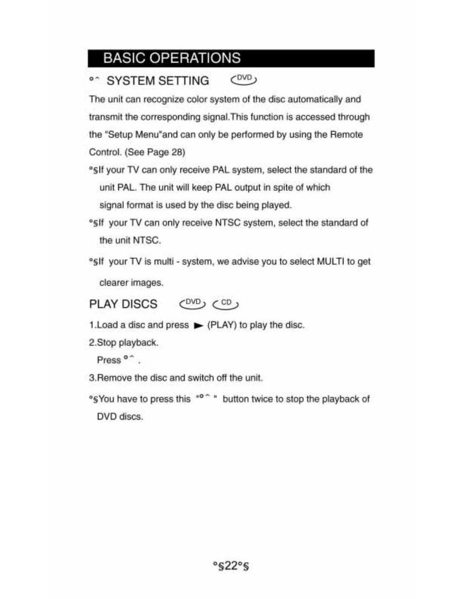 System setting, Play discs, Basic operations | Audiovox D1530 User Manual | Page 23 / 46