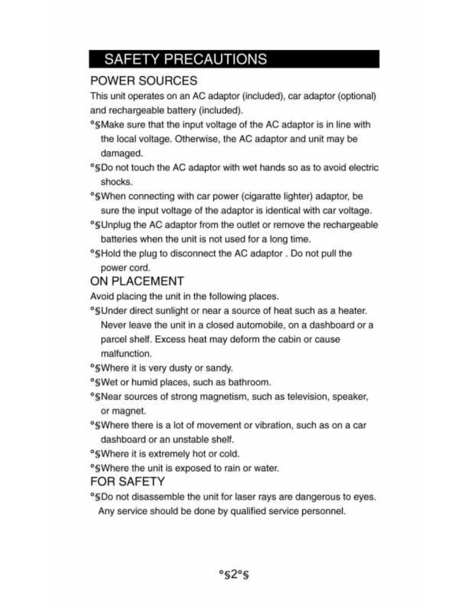Power sources, On placement, For safety | Safety precautions | Audiovox D1530 User Manual | Page 3 / 46