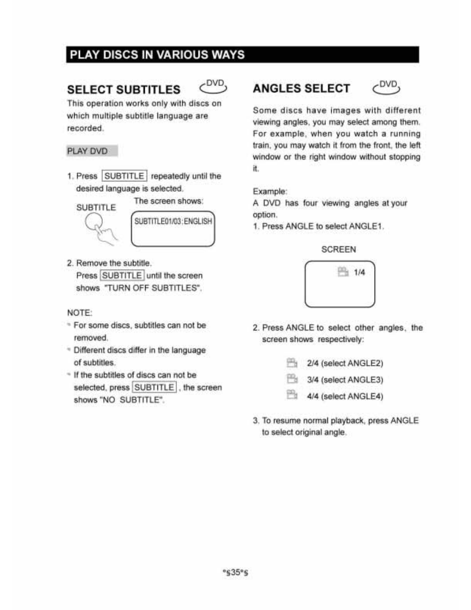 Select subtitles, Angles select, Play discs in various ways | Audiovox D1530 User Manual | Page 36 / 46