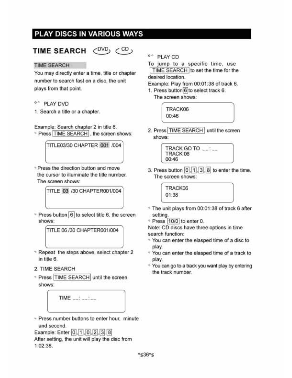 Time search c^j, Play discs in various ways | Audiovox D1530 User Manual | Page 37 / 46