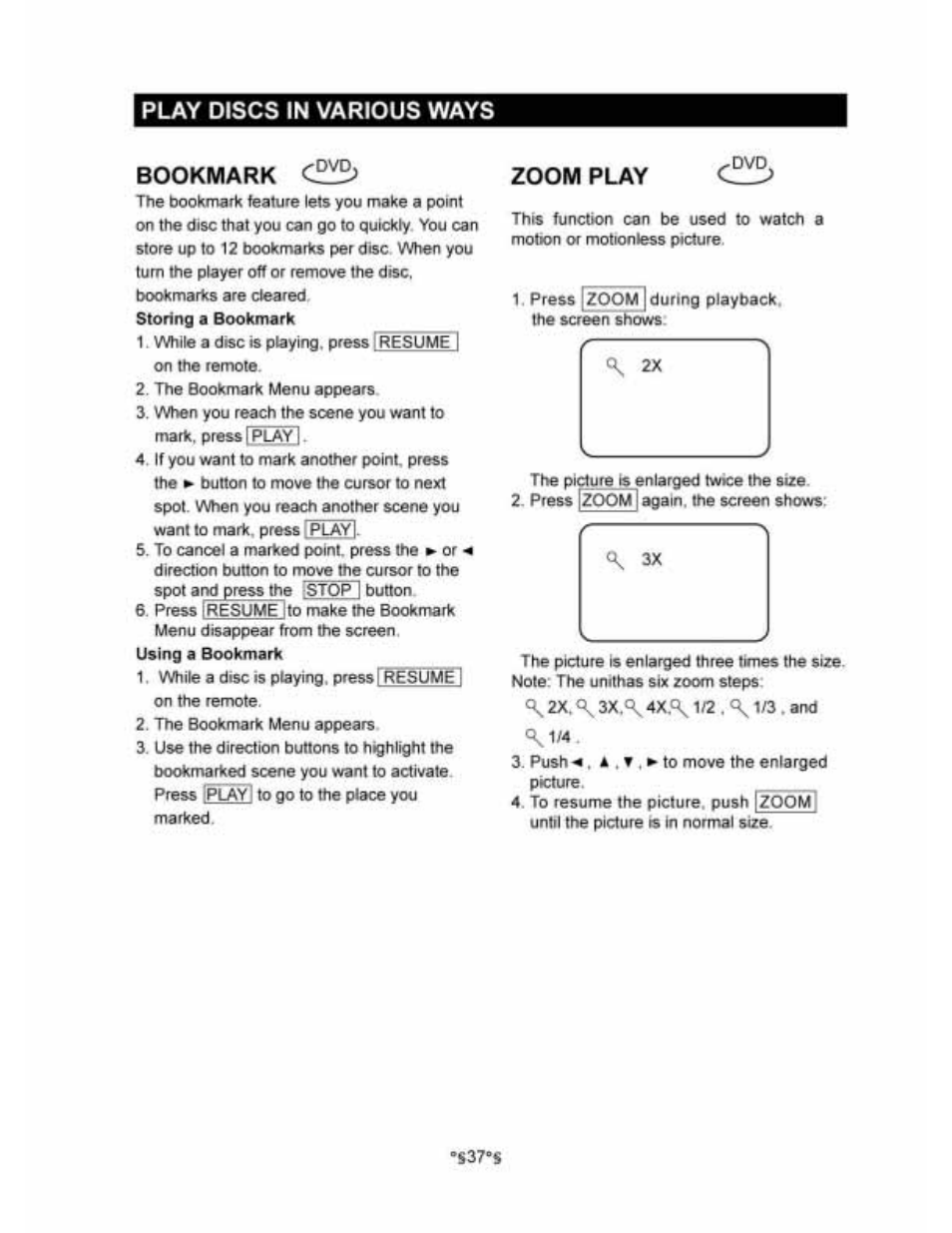 Bookmark, Zoom play, Play discs in various ways | Audiovox D1530 User Manual | Page 38 / 46