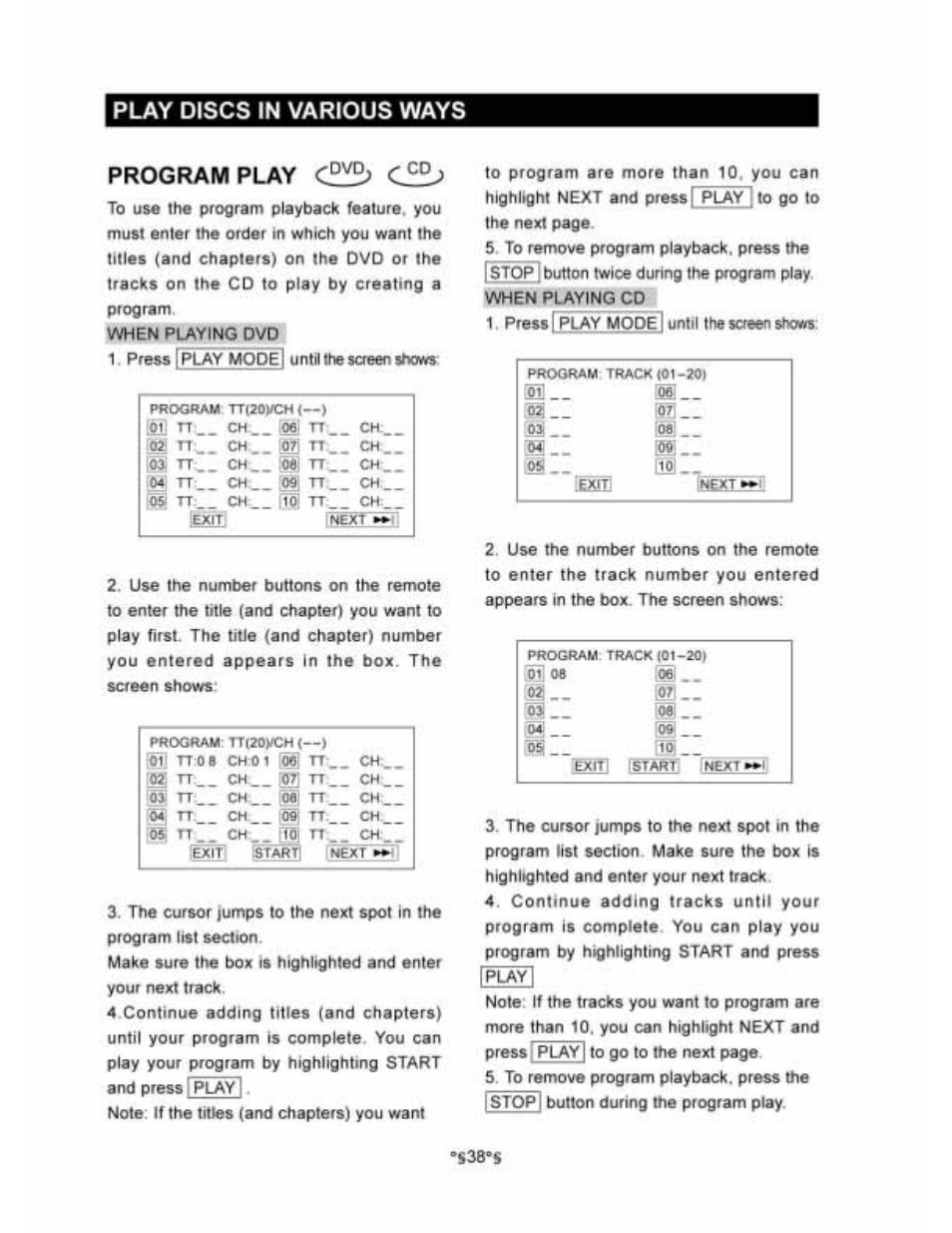 Program play, Play discs in various ways, S38*s | Fnexh | Audiovox D1530 User Manual | Page 39 / 46