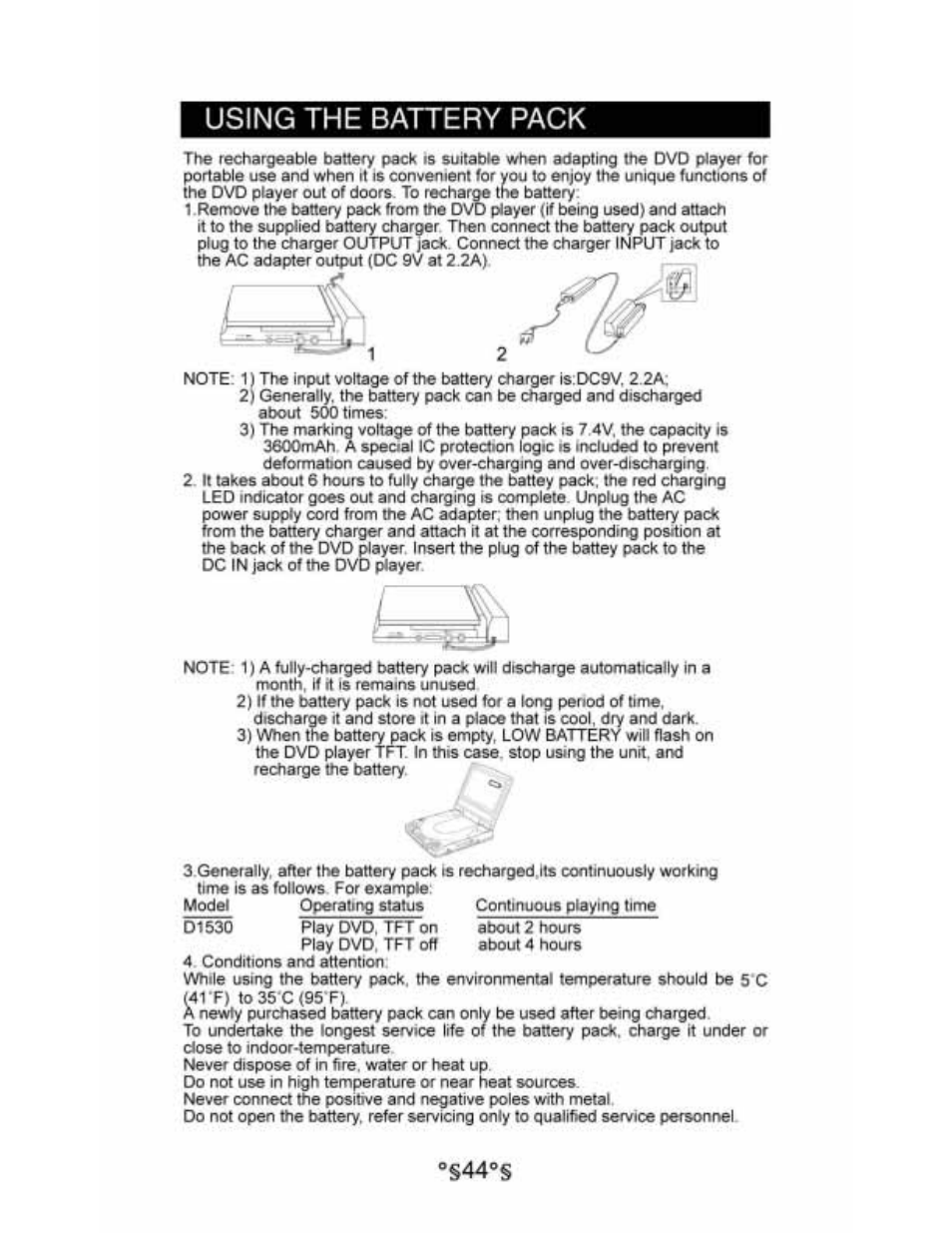 Using the battery pack | Audiovox D1530 User Manual | Page 45 / 46