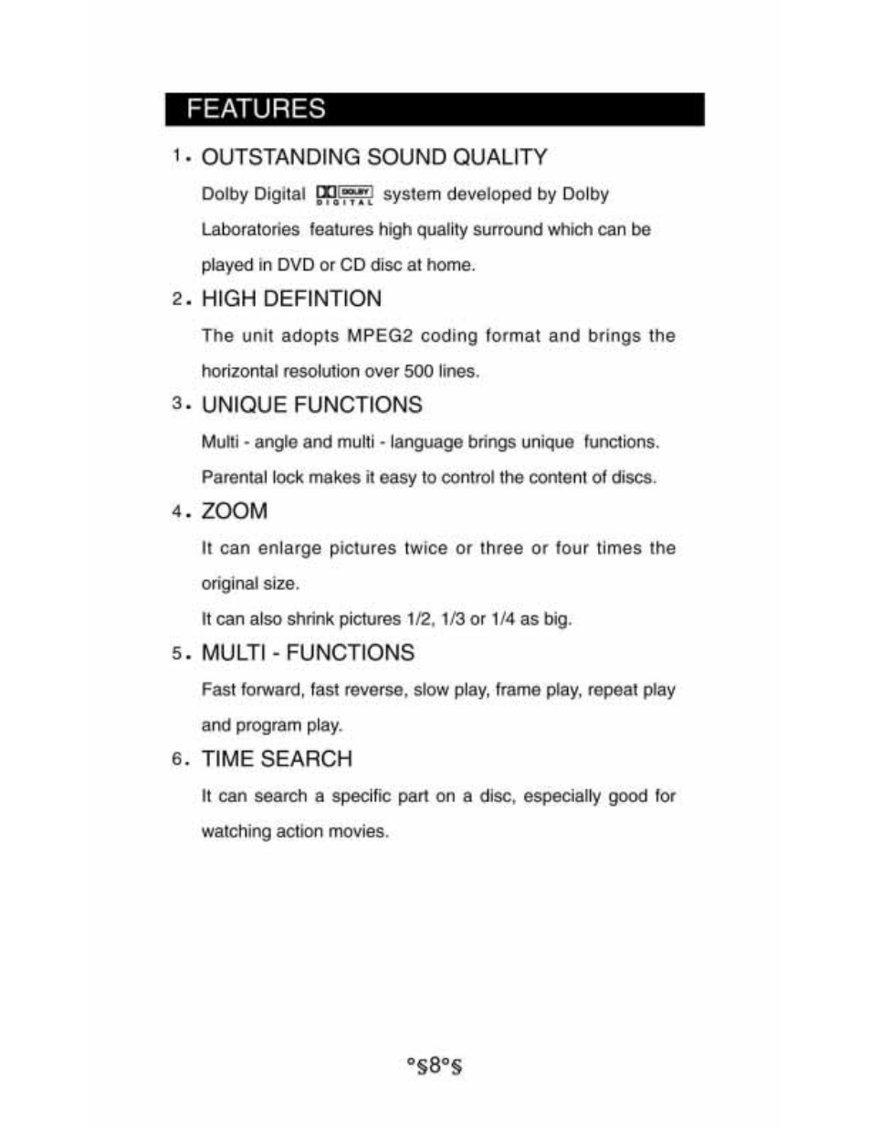 Outstanding sound quality, High defintion, Unique functions | Zoom, Multi-functions, Time search, Features | Audiovox D1530 User Manual | Page 9 / 46