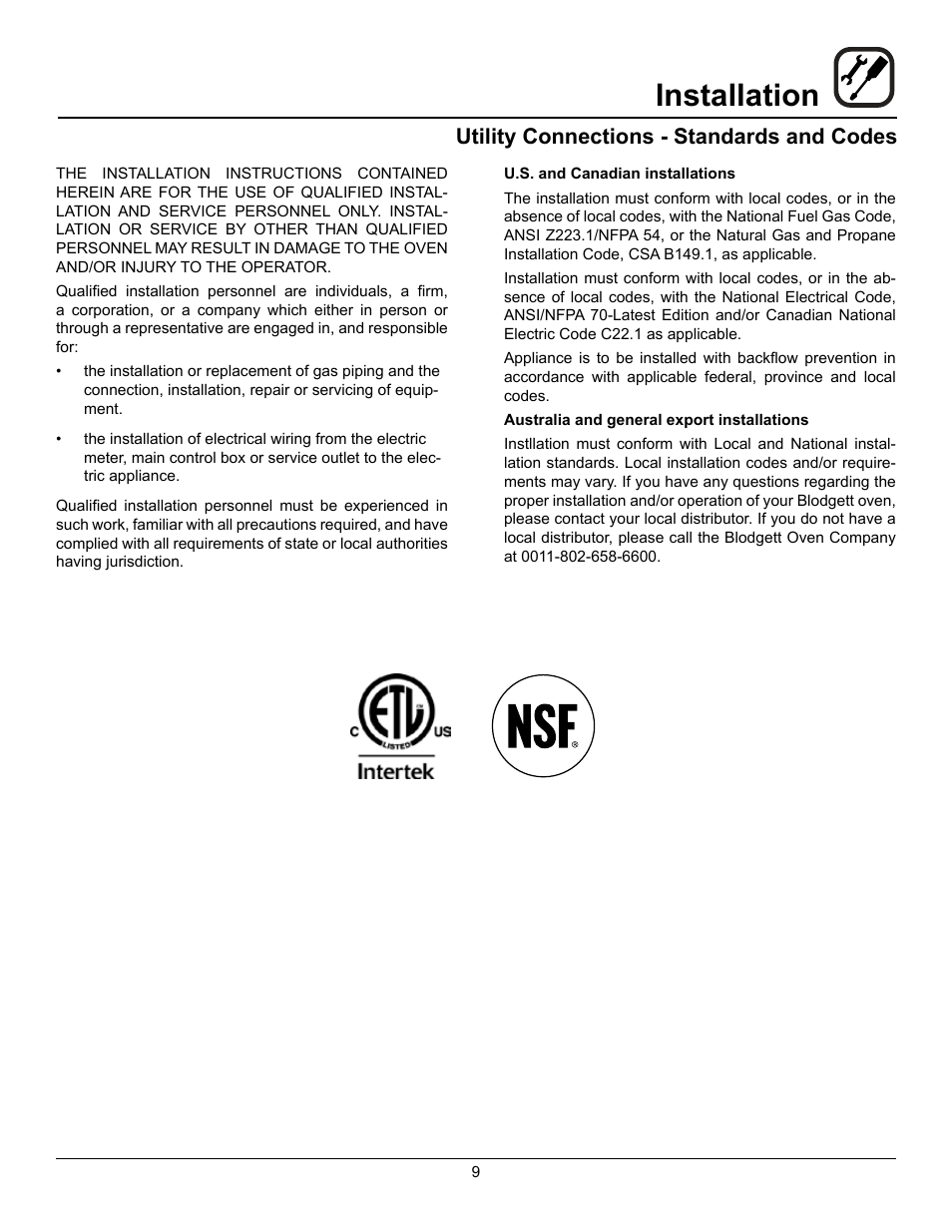 Installation, Utility connections - standards and codes | Blodgett DFG-100 XCEL User Manual | Page 11 / 39