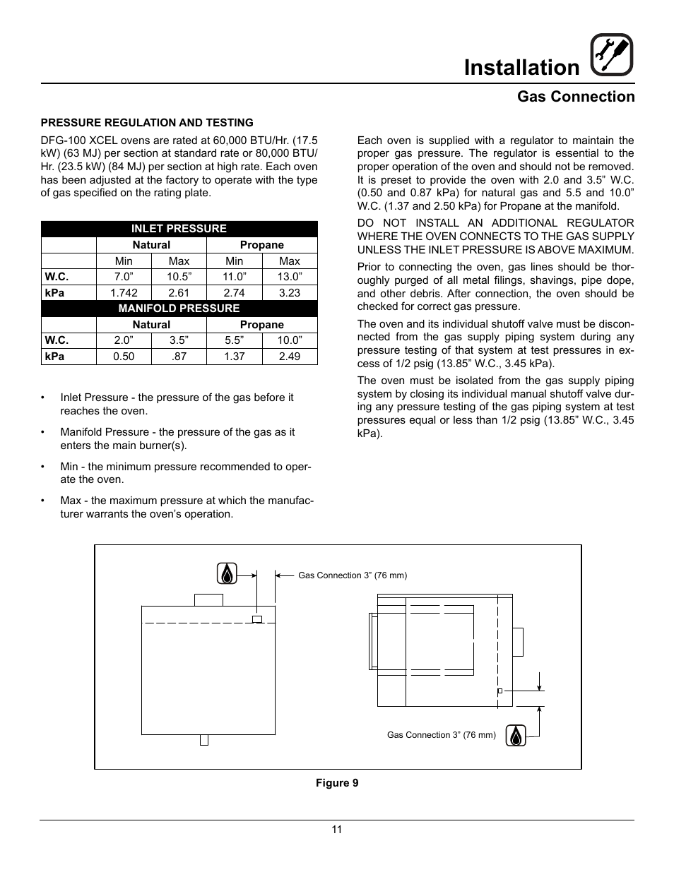 Installation, Gas connection | Blodgett DFG-100 XCEL User Manual | Page 13 / 39