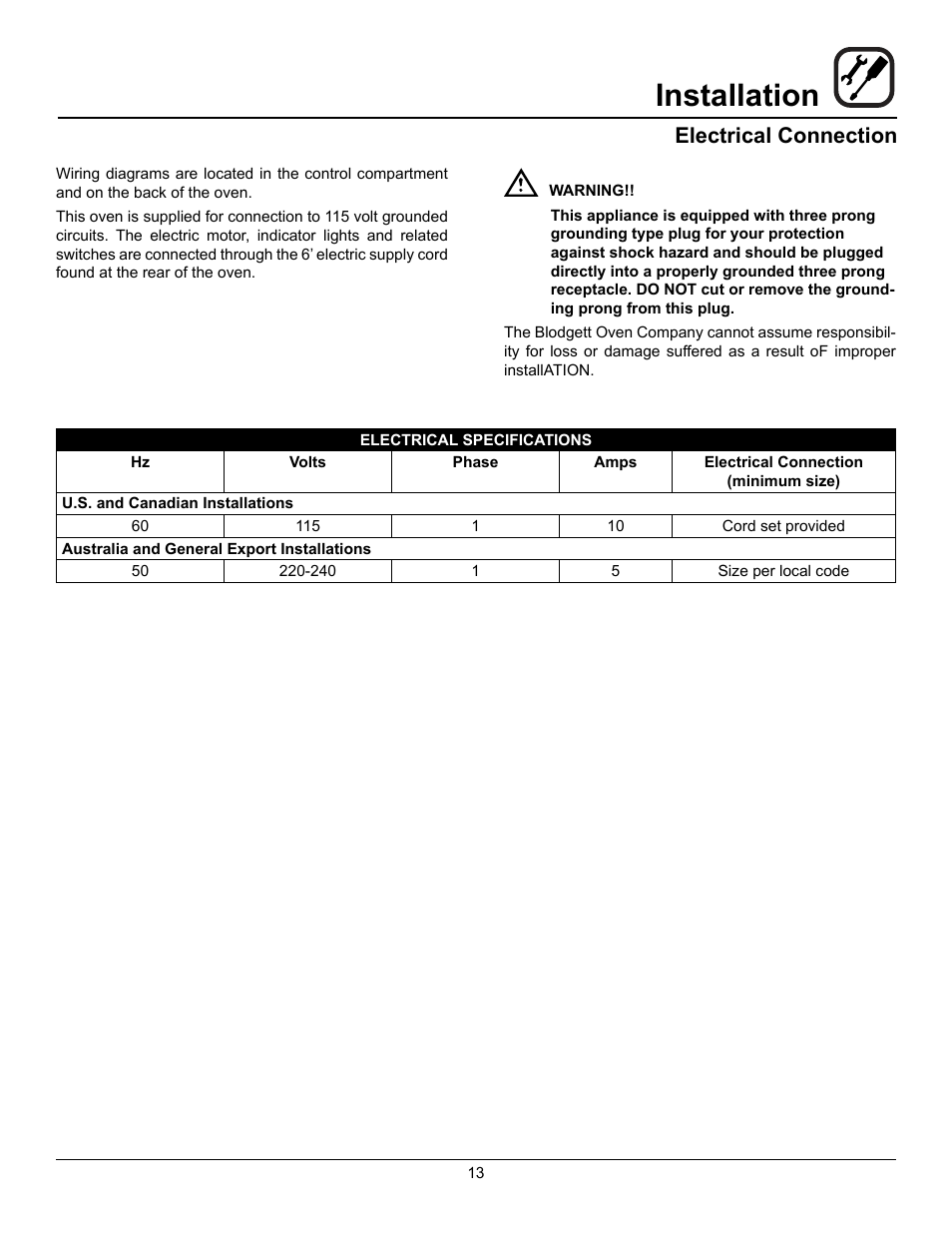 Installation, Electrical connection | Blodgett DFG-100 XCEL User Manual | Page 15 / 39