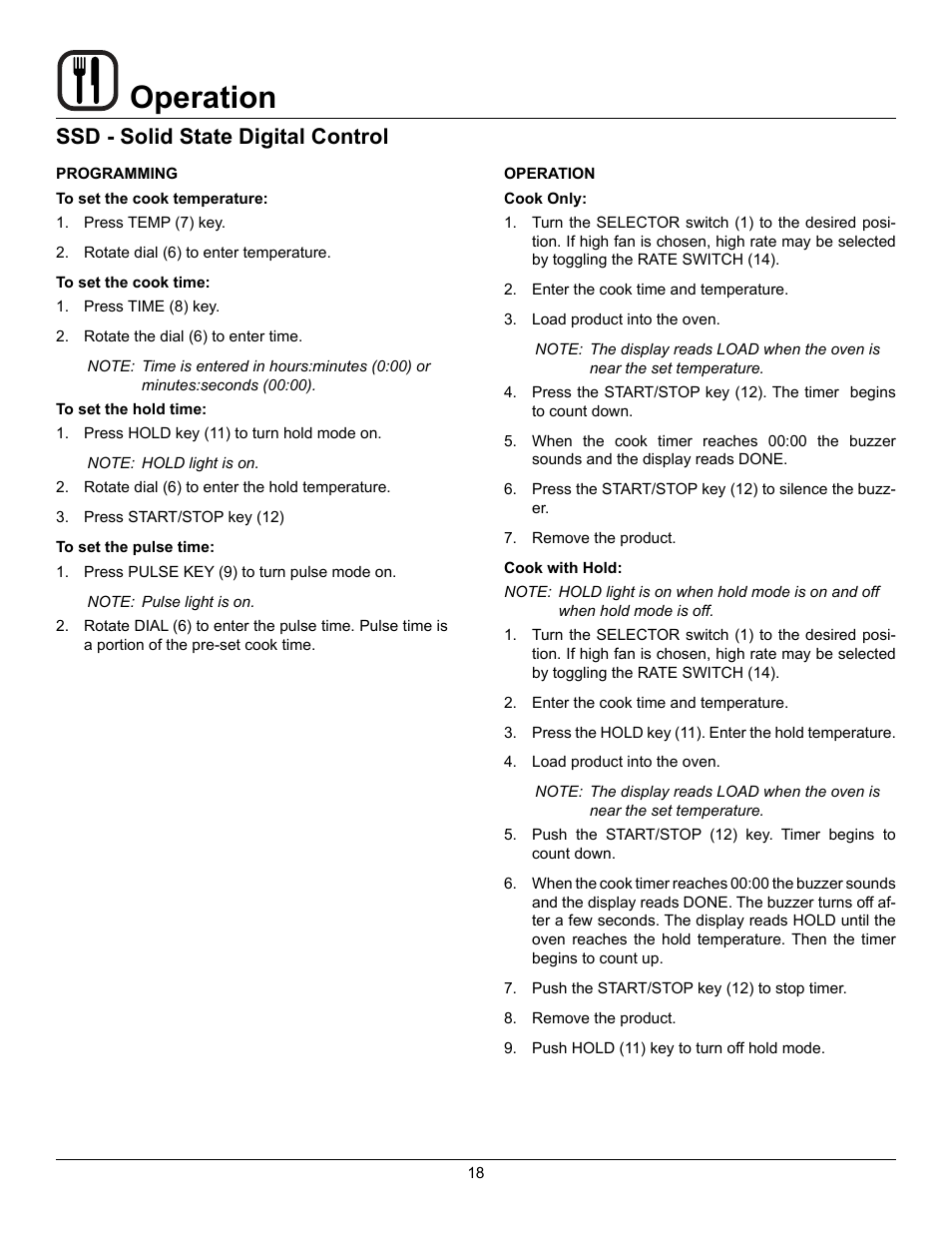 Operation, Ssd - solid state digital control | Blodgett DFG-100 XCEL User Manual | Page 20 / 39