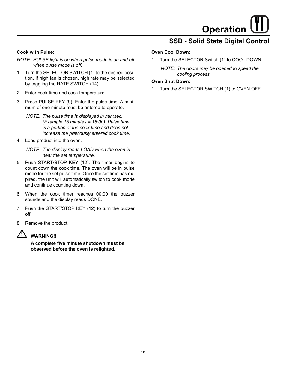 Operation, Ssd - solid state digital control | Blodgett DFG-100 XCEL User Manual | Page 21 / 39