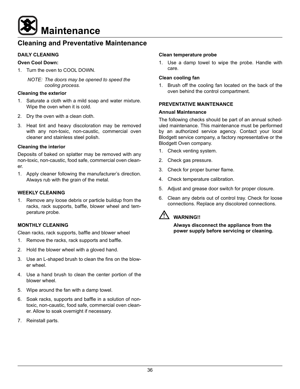 Maintenance, Cleaning and preventative maintenance | Blodgett DFG-100 XCEL User Manual | Page 38 / 39