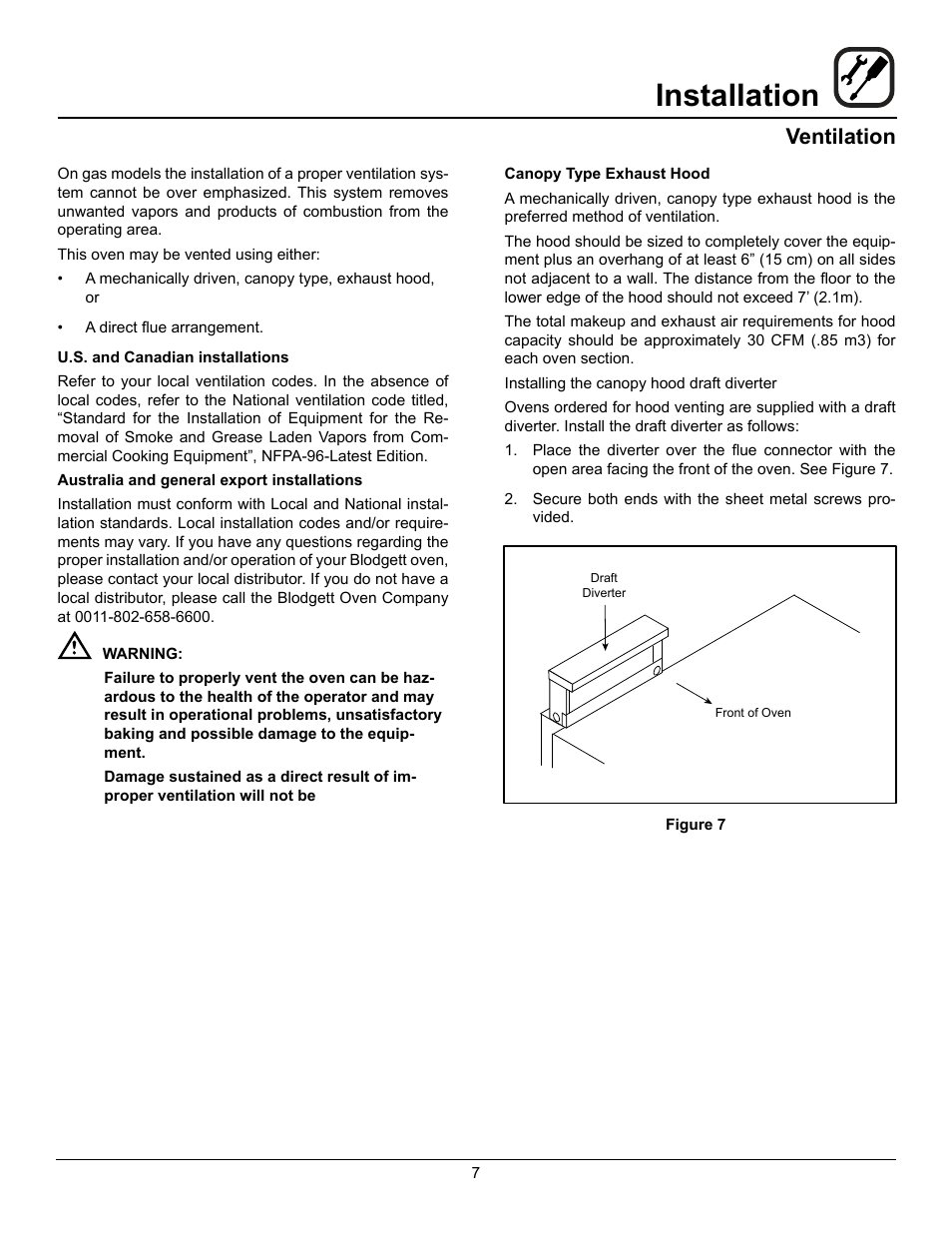 Installation, Ventilation | Blodgett DFG-100 XCEL User Manual | Page 9 / 39